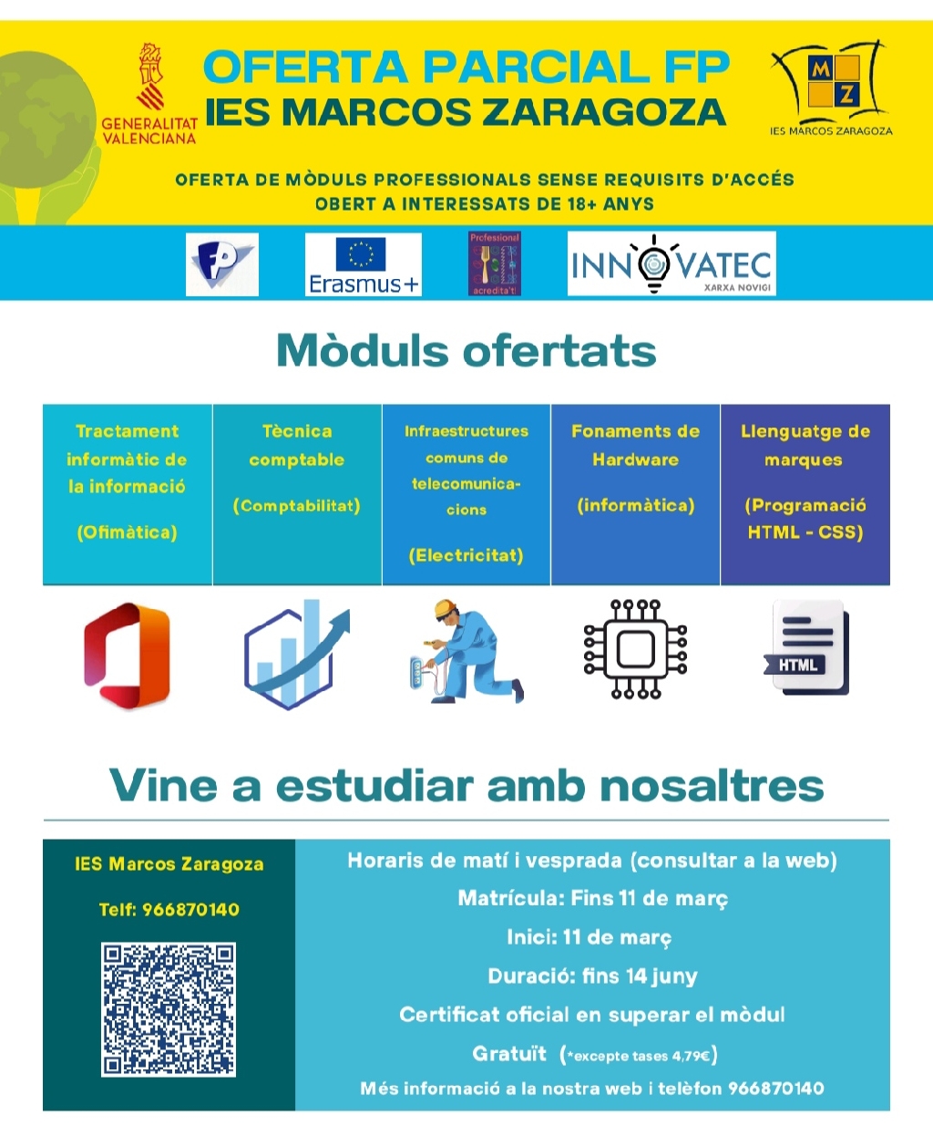 L'IES Marcos Zaragoza ofereix cursar mòduls solts dels cicles de Formació Professional a adults
