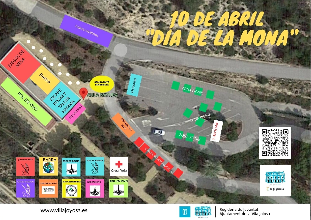 Estands i pla de l'esdeveniment  dia 10 d'abril "Dia de la Mona" a l'aula de la Natura del Pantà.